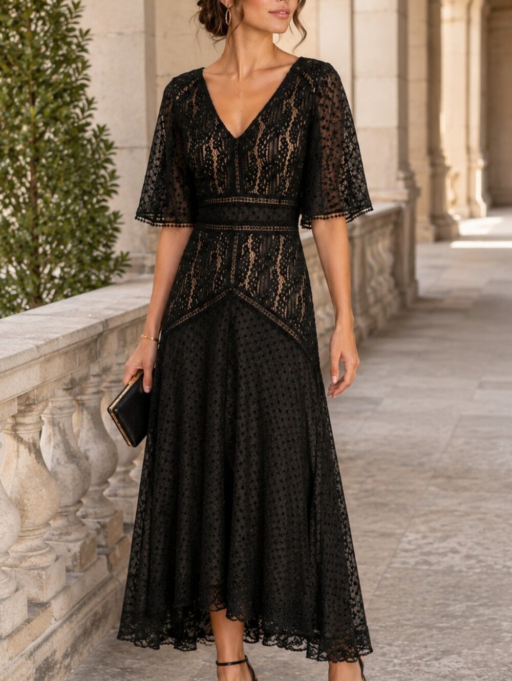 J. Taylor Elegant Black Lace High Low Midi Dress V-Neck